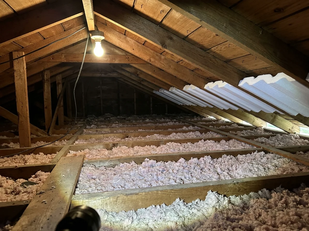 Attic of a Minnesota rambler with blown-in insulation between the joists and vent baffles at the eaves