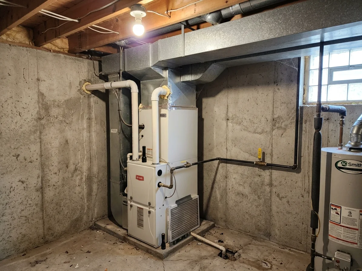 Gas furnace with PVC vent pipes and ductwork in an unfinished basement