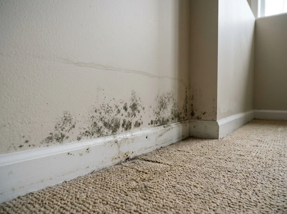 Mold spots spreading up from the baseboard on a finished basement wall, with a faint water stain above