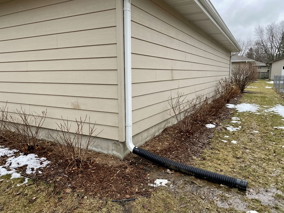 Downspout with a plastic extension carrying meltwater away from a house foundation in early spring