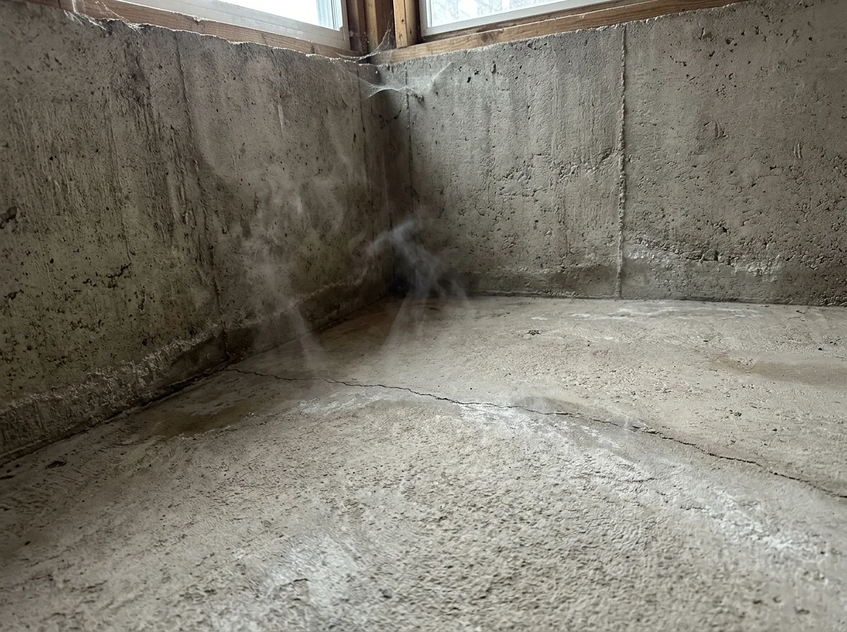 Illustration of soil gas rising from a crack where the basement floor meets the foundation wall
