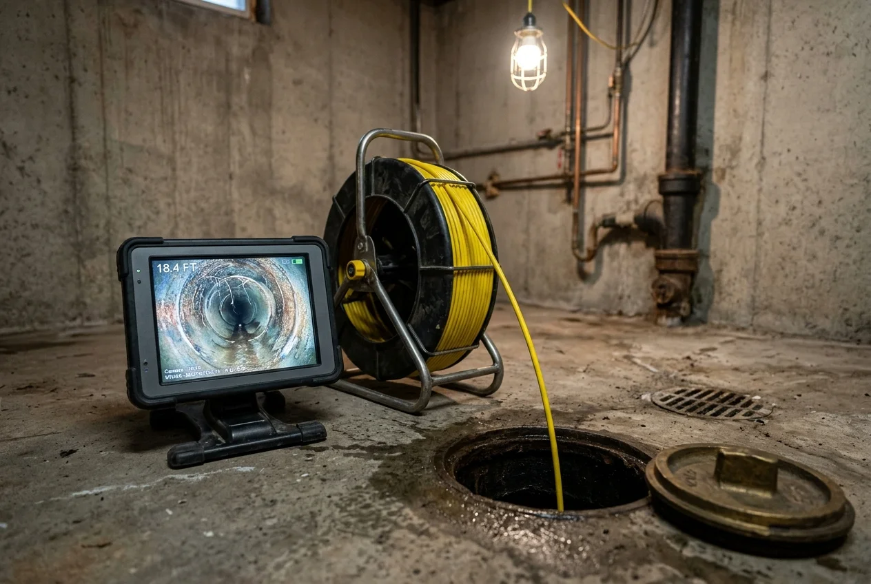Sewer scope reel and monitor beside an open sewer cleanout in a basement floor, the monitor showing the inside of the pipe